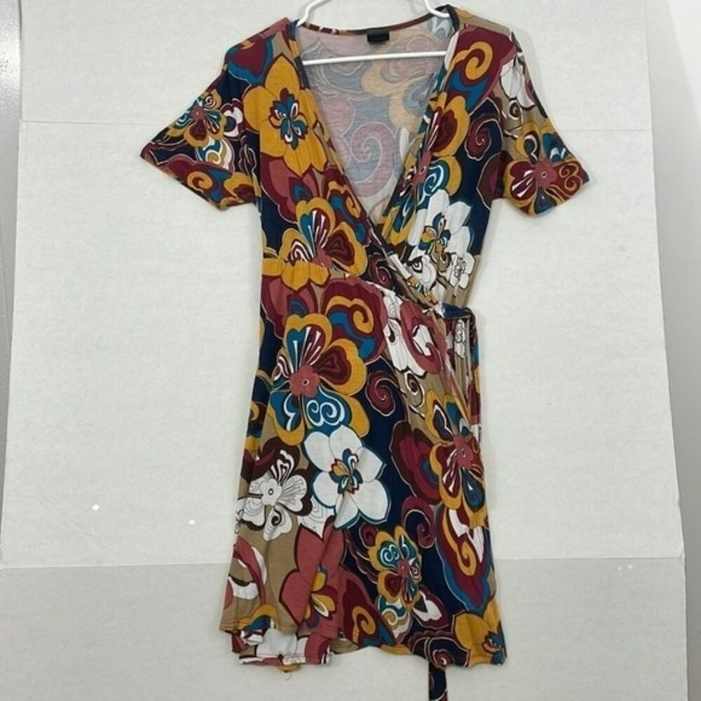 Agnes & Dora Wrap Dress, Mini Length, Short Sleeves, Multicolor Floral, Medium